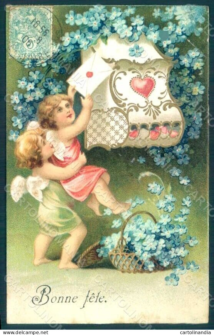 Greetings Angel Putto Art Nouveau Mail Myosotis Relief Postcard HR0490 - Autres & Non Classés
