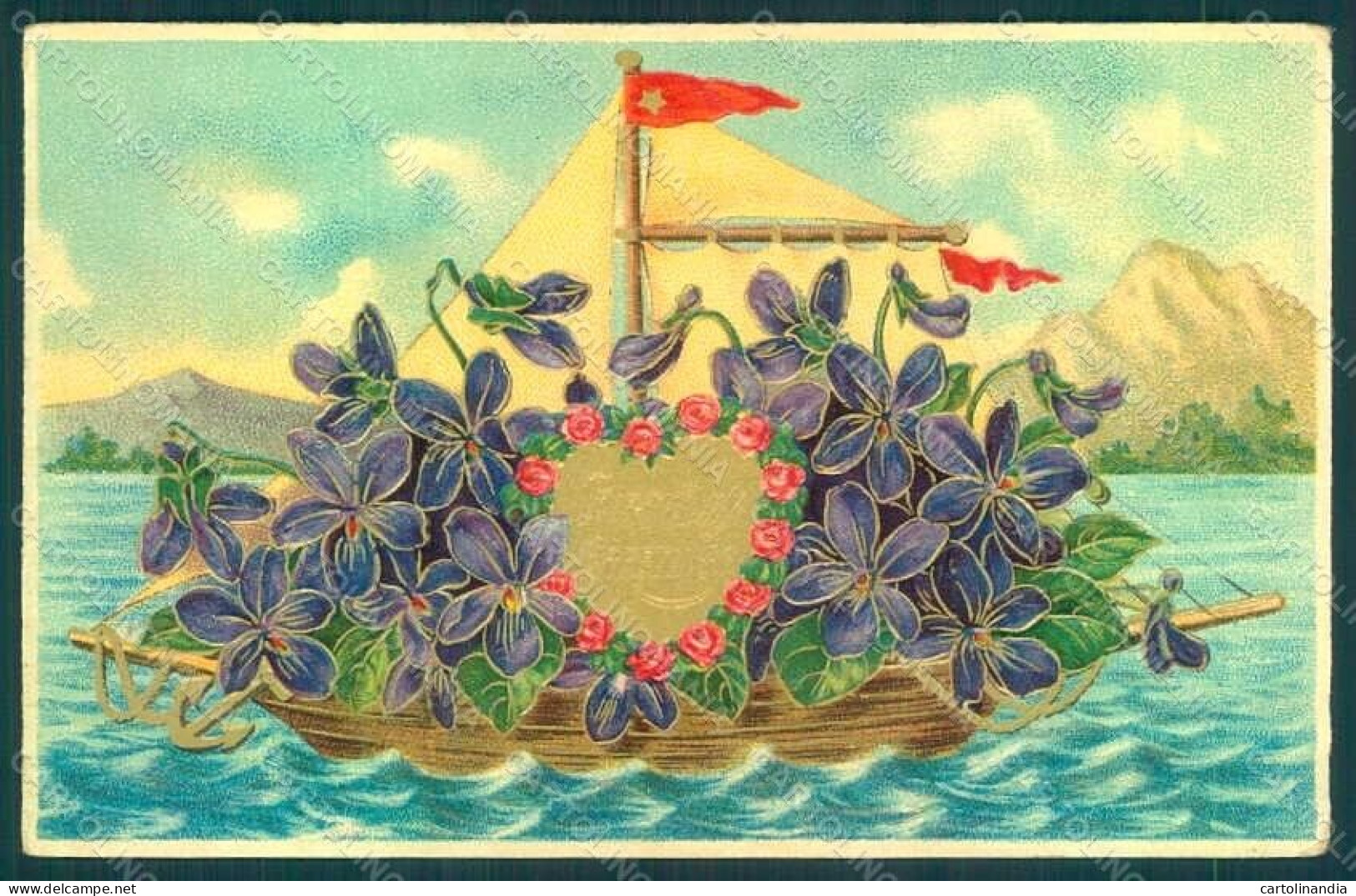 Greetings Birthday Violets Sail Boat Relief Postcard HR0160 - Fleurs