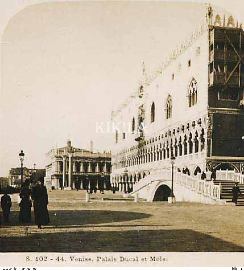 Photo Stéréoscopique 7,2x7,5cm Carte 17,2x8,9cm Vues D'Italie S. 102 - 44 VENISE Palais Ducal Et Môle* - Photos Stéréoscopiques