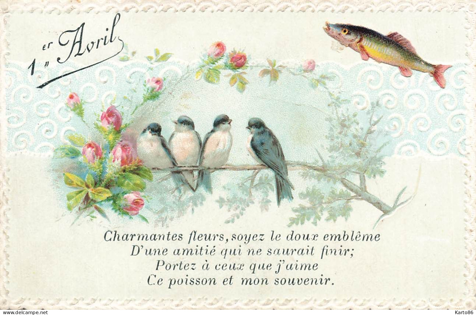 1er Avril Poisson D'avril * CPA Carte Mignonette Gaufrée Embossed * Oiseaux Birds * 1ER AVRIL - April Fool's Day