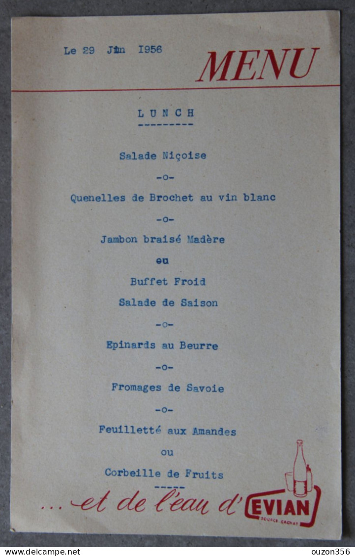 Menu Lunch 29 Juin 1956 (Evian-les-Bains, Haute-Savoie) - Menú