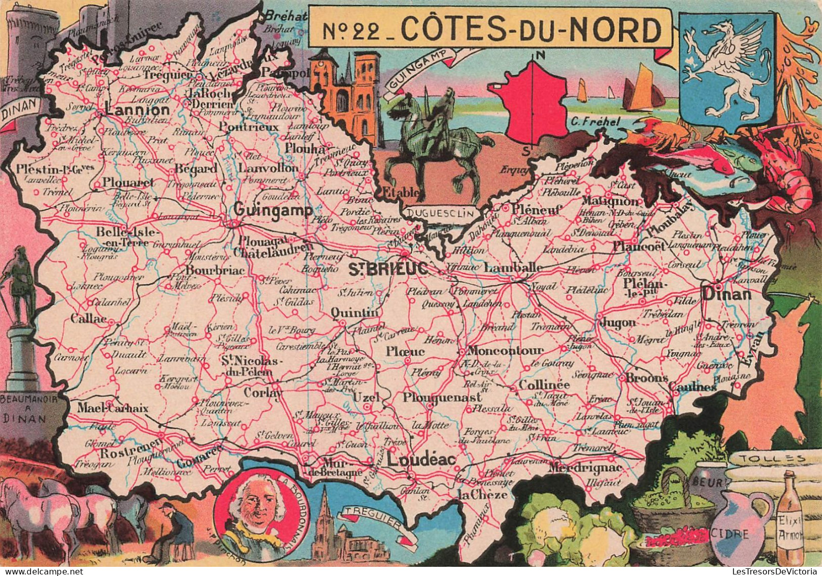 CARTES GEOGRAPHIQUES - Côtes Du Nord - Colorisé - Carte Postale Ancienne - Mapas