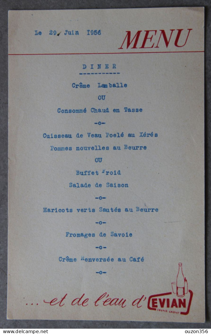 Menu Dîner 29 Juin 1956 (Evian-les-Bains, Haute-Savoie) - Menükarten