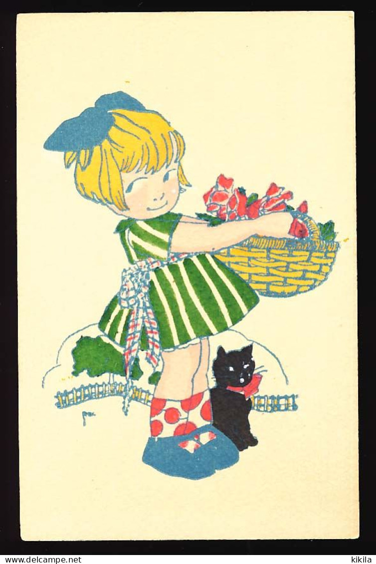 CPSM 10,5 X 15 Illustrateur Fillette Panier De Roses Chat Noir  Couleurs Réelles Plus Foncées - Contemporain (à Partir De 1950)