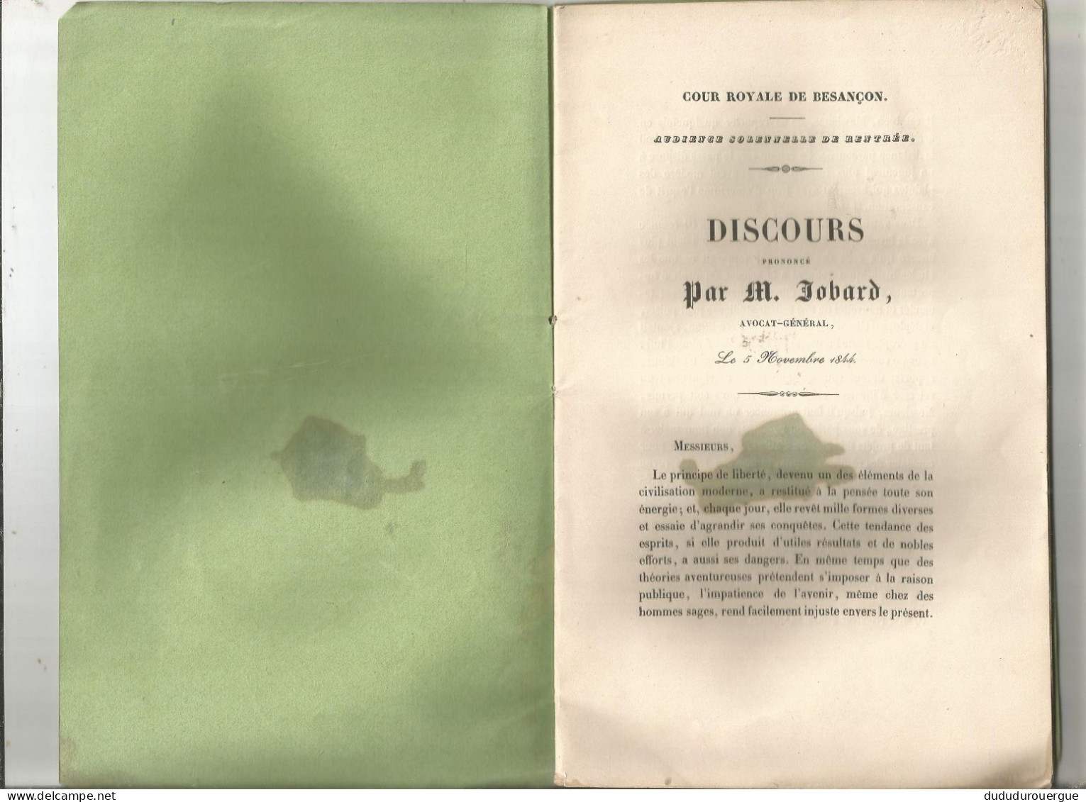 COUR ROYALE DE BESANCON : DISCOURS PRONONCE PAR M. JOBARD AVOCAT GENERAL LE 4 NOVEMBRE 1844 - Ohne Zuordnung