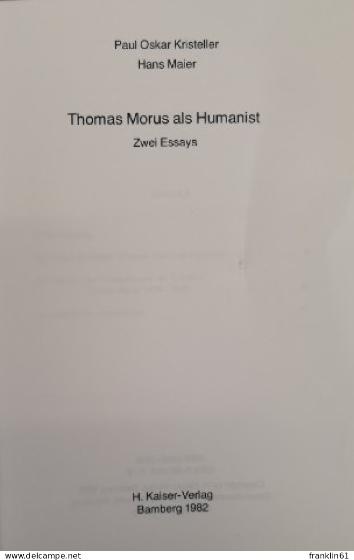 Thomas Morus Als Humanist. Zwei Essays. - Altri & Non Classificati