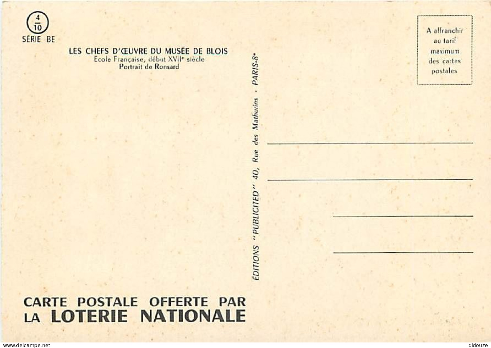 Art - Peinture - Histoire - Ecole Française - Portrait De Ronsard - Carte De La Loterie Nationale - Carte Neuve - CPM -  - Histoire