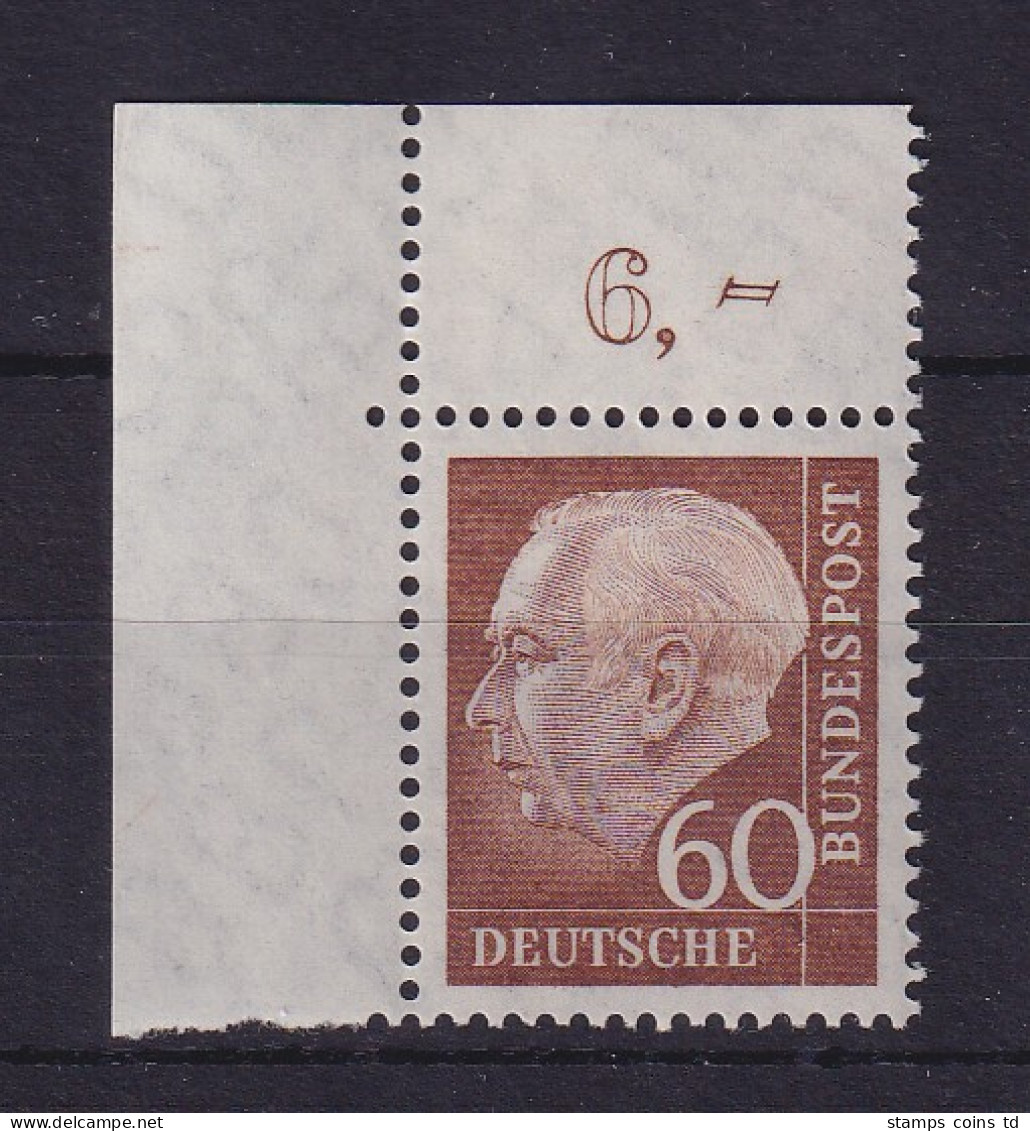Bundesrepublik 1958 Theodor Heuss 60 Pf Mi.-Nr. 262 W Eckrandstück OL **  - Neufs