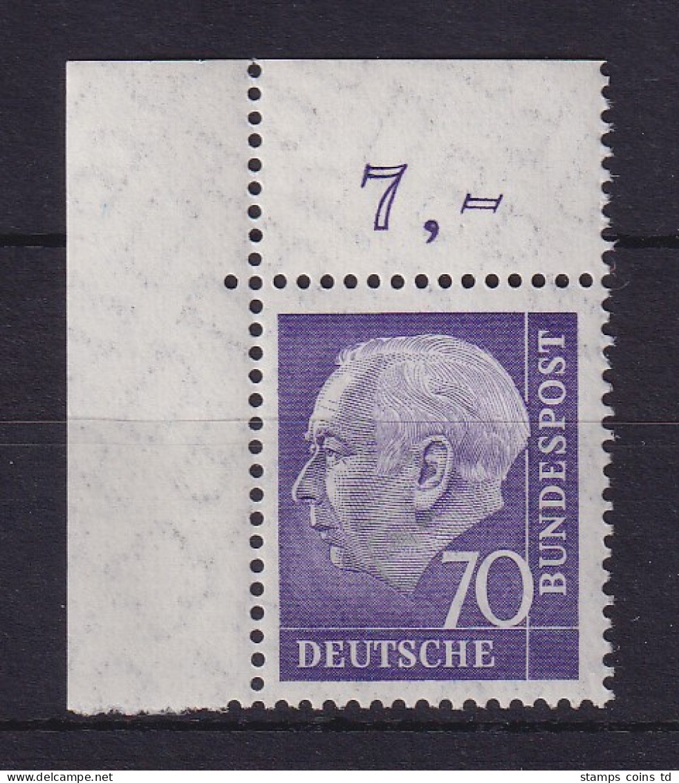 Bundesrepublik 1957 Theodor Heuss 70 Pf Mi.-Nr. 263 X V Eckrandstück OL **  - Ungebraucht