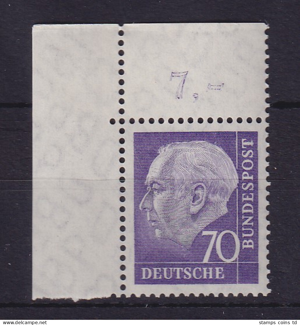 Bundesrepublik 1958 Theodor Heuss 70 Pf Mi.-Nr. 263 X W Eckrandstück OL **  - Ungebraucht