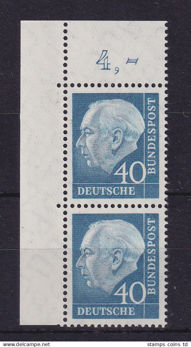 Bundesrepublik 1960 Theodor Heuss 40 Pf Mi.-Nr. 260 Y Senkr. Eckrandpaar OL**  - Nuovi