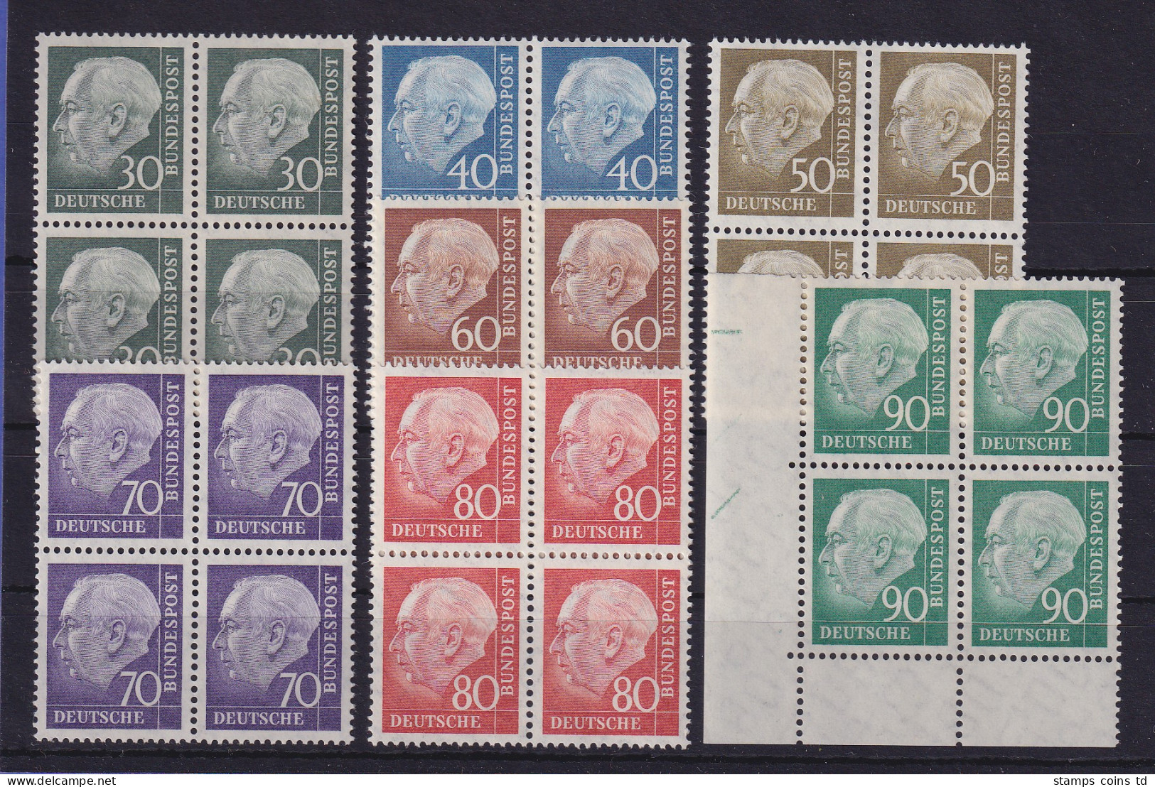 Bundesrepublik Theodor Heuss Mi-Nr. 259-265 Kpl. Satz Viererblocks Postfrisch ** - Unused Stamps