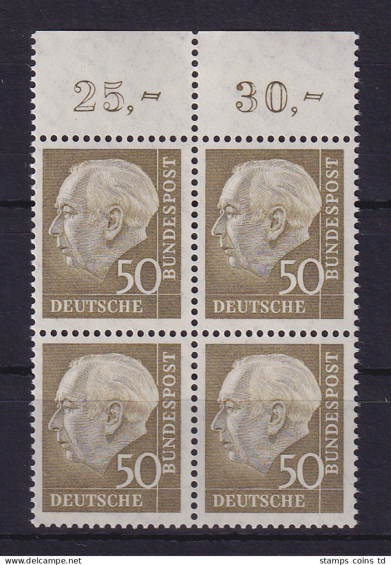 Bundesrepublik 1958 Theodor Heuss 50 Pf Mi.-Nr. 261 X W Oberrandviererblock **  - Unused Stamps