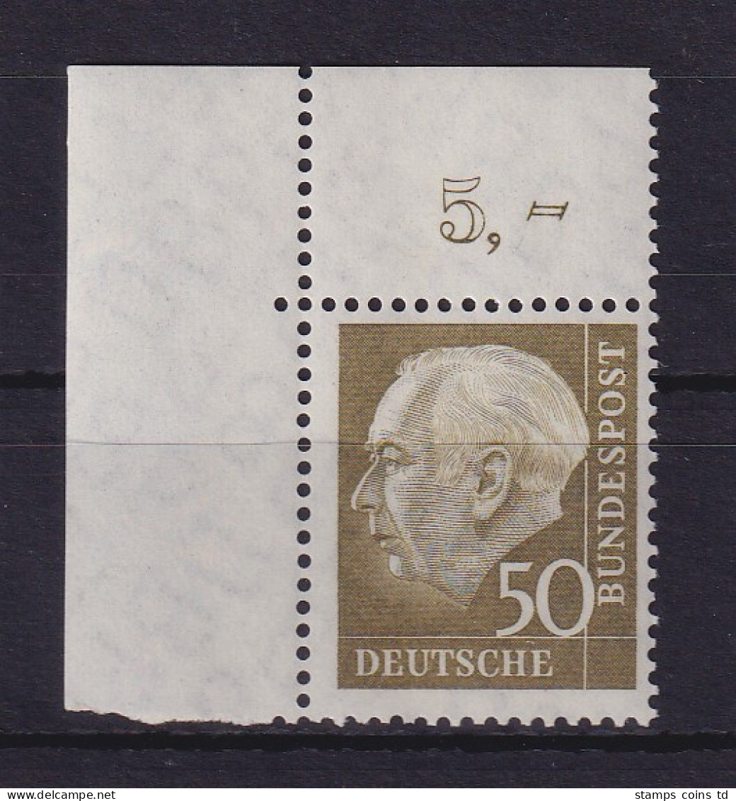 Bundesrepublik 1957 Theodor Heuss 50 Pf Mi.-Nr. 261 X V Eckrandstück OL **  - Ongebruikt