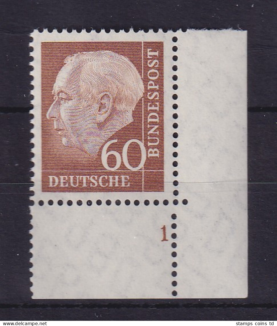 Bund 1958 Heuss 60 Pf Mi.-Nr. 262 W Eckrandstück UR Mit Formnummer 1 **  - Neufs