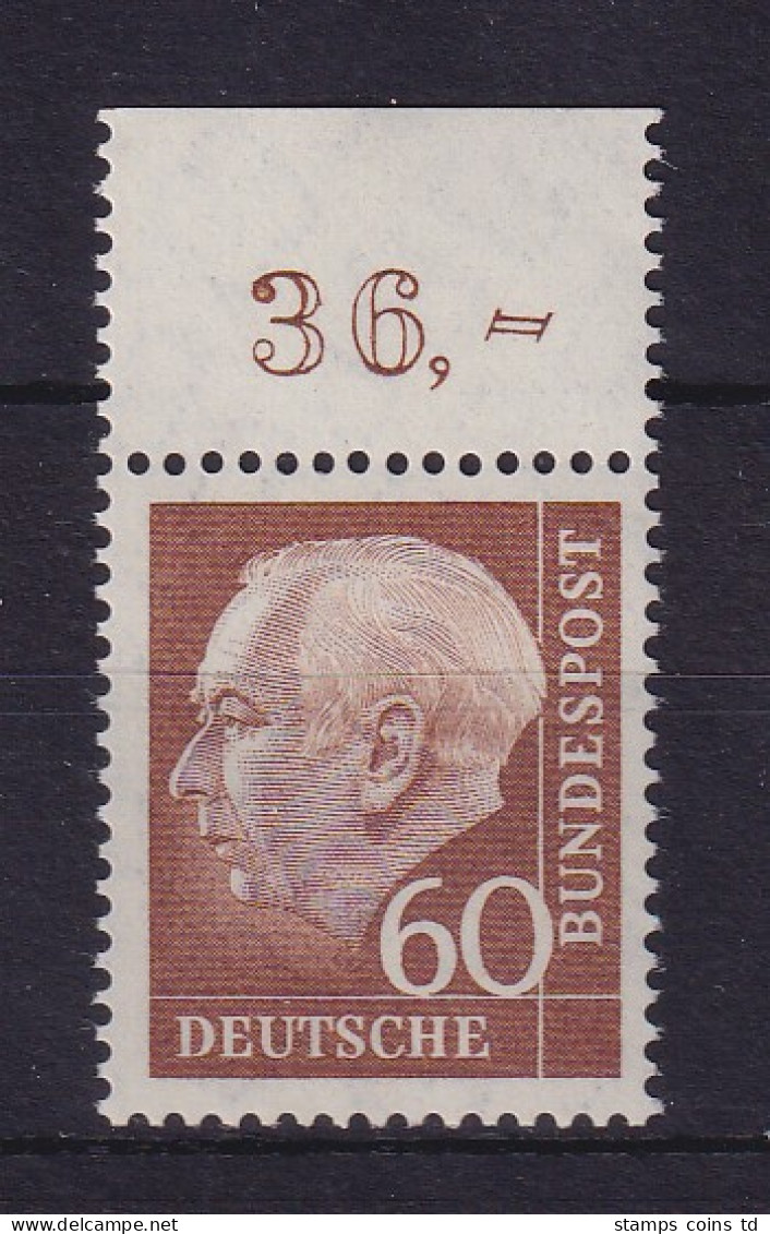 Bundesrepublik 1958 Theodor Heuss 60 Pf Mi.-Nr. 262 W Oberrandstück **  - Nuovi