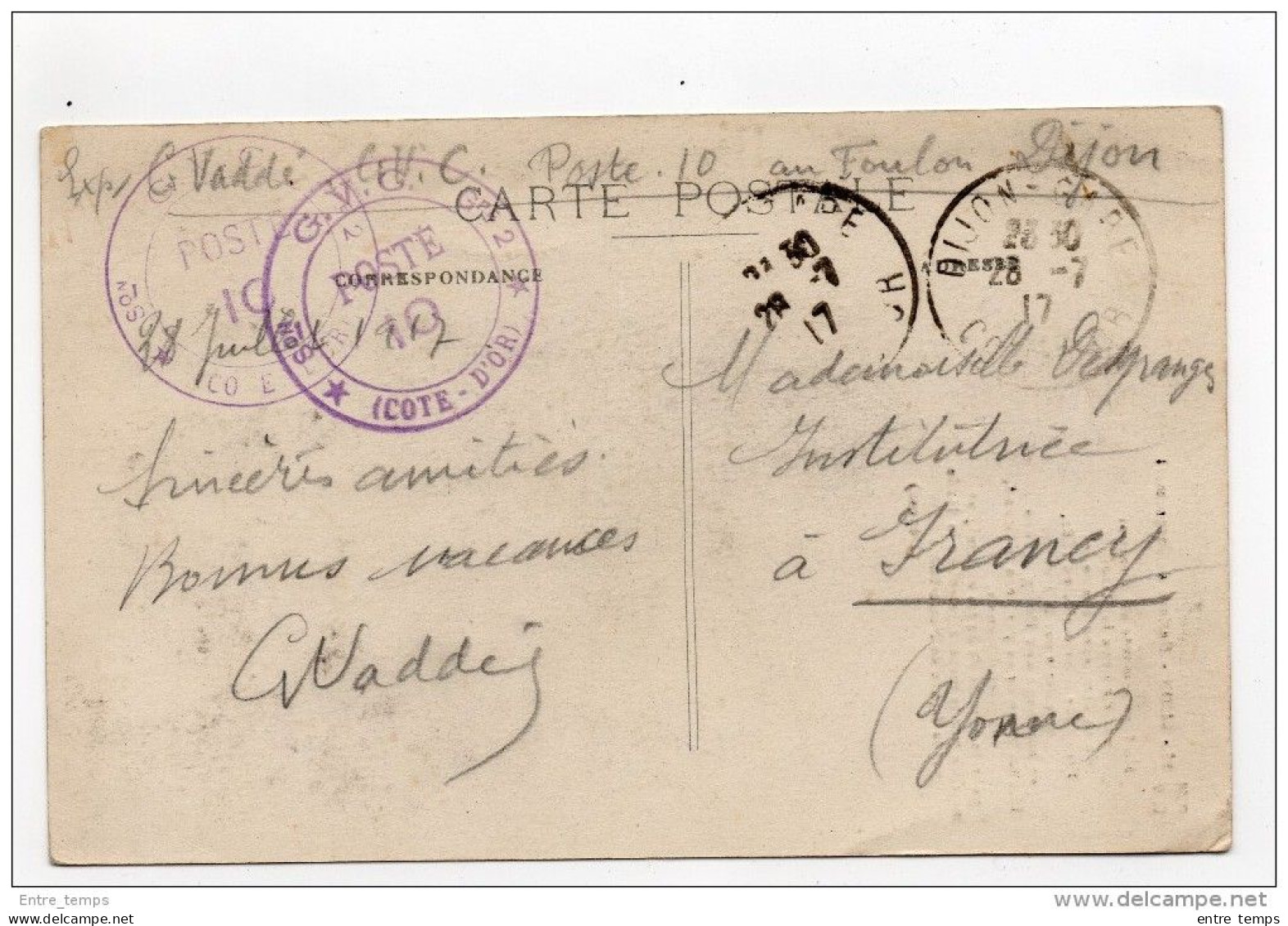 Cachet G.V.C  Secteur Dijon Poste 10 Au Foulon - Guerra De 1914-18