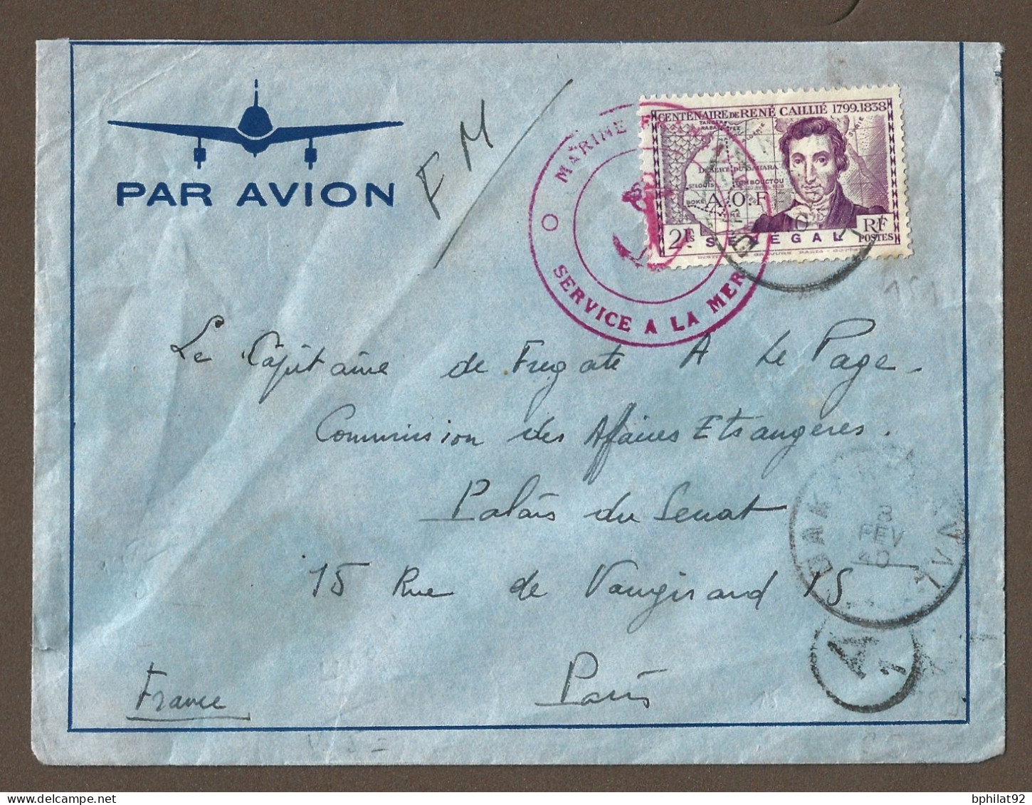 !!! SÉNÉGAL, LETTRE FM PAR AVION AVEC SURTAXE AÉRIENNE DE DAKAR POUR PARIS DE 1940, CACHET DE LA MARINE FRANÇAISE - Poste Aérienne