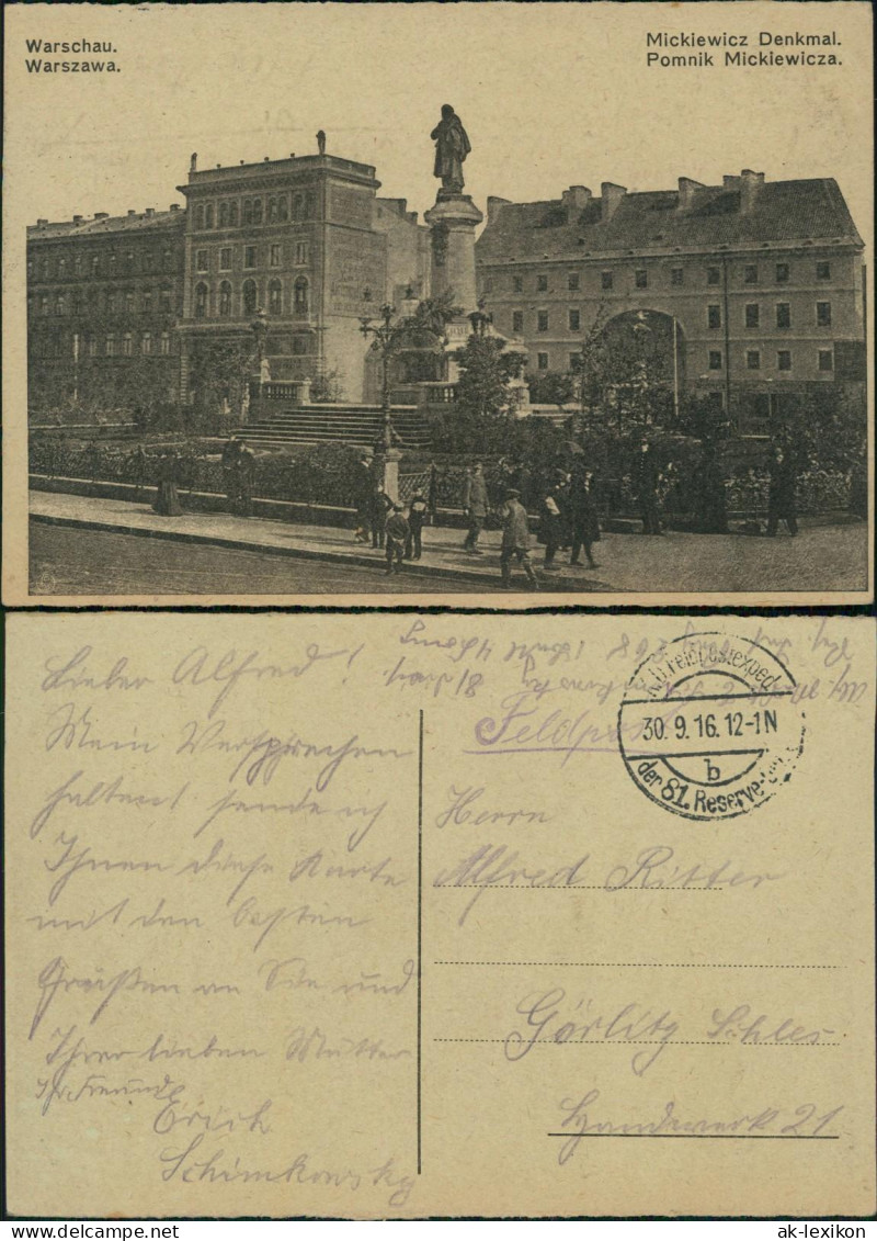 Postcard Warschau Warszawa Pomnik Mickiewicza. 1916  Gel. FELDPOST - Pologne