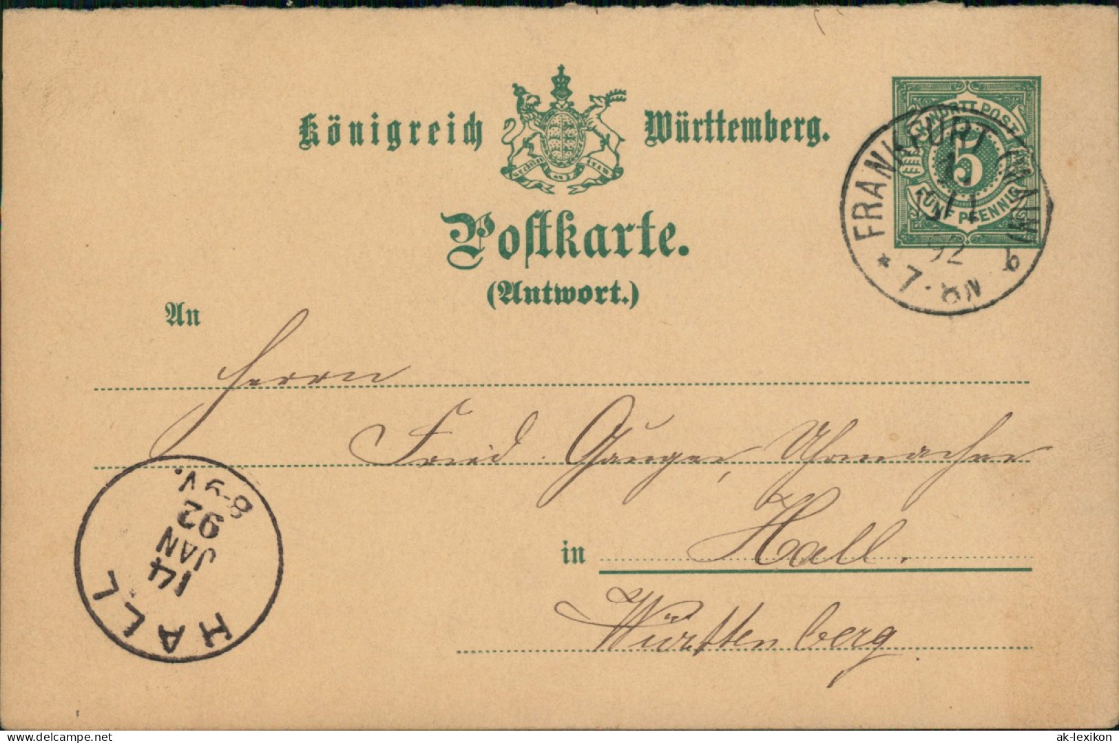 Ansichtskarte  Ganzsache Württemberg Gel. Von Frankfurt Main 1892 - Otros & Sin Clasificación