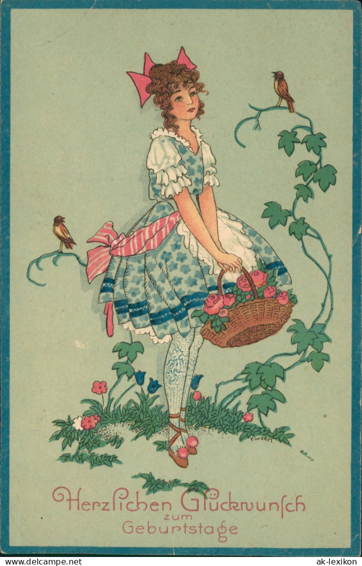 Künstlerkarte Glückwunsch Geburtstag Birthday Mädchen Mit Blumen Und Vögel 1922 - Anniversaire