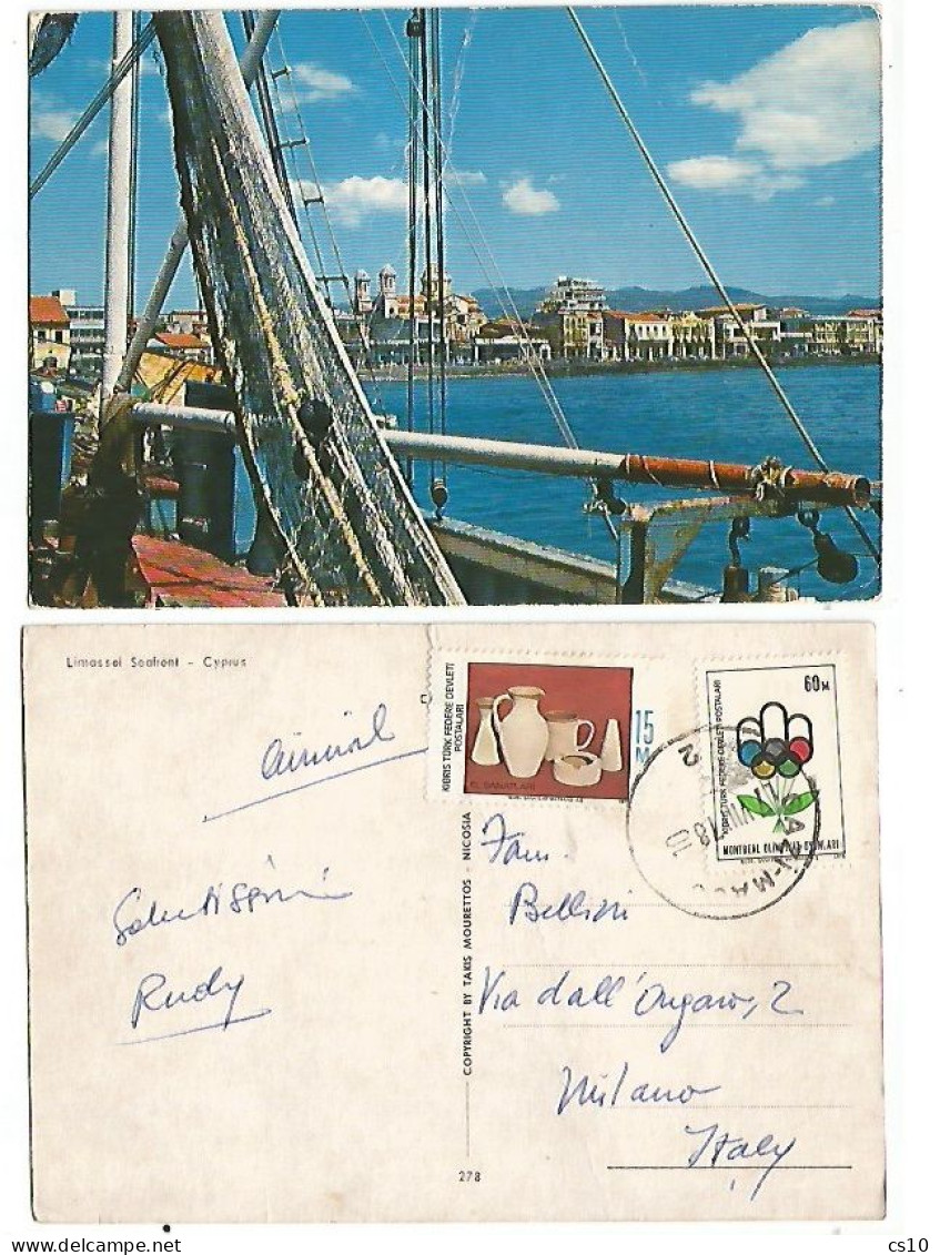 Kibris Turk Cyprus Airmail Pcard Limassol Seafront 17aug1978 With Montreal Olympics M60 + Pottery M15 To Italy - Storia Postale