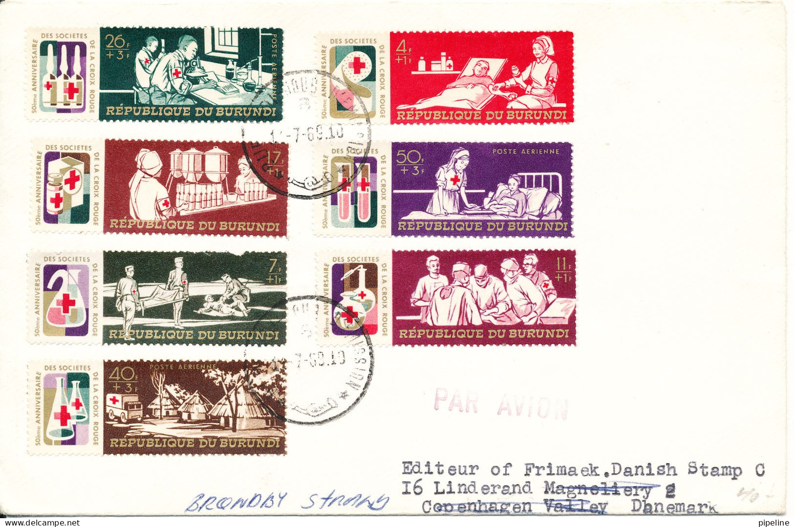 Burundi FDC 14-7-1969 RED CROSS Hospital Complete Set Of 7 Sent To Denmark 1 Of The Stamps Is Damaged At The Top - FDC