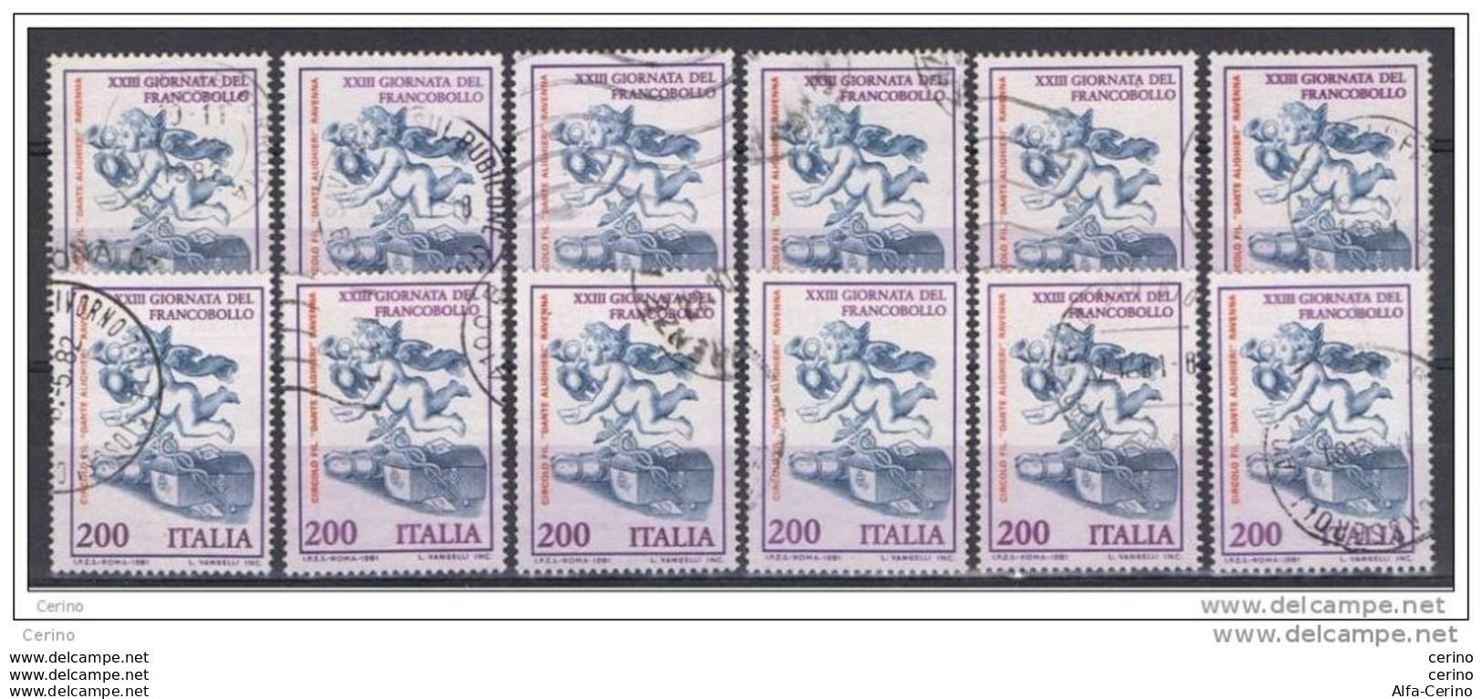 REPUBBLICA:  1981  GIORNATA  FRANCOBOLLO  -  £. 200  POLICROMO  US. -  RIPETUTO  12  VOLTE  -  SASS. 1583 - 1981-90: Usati