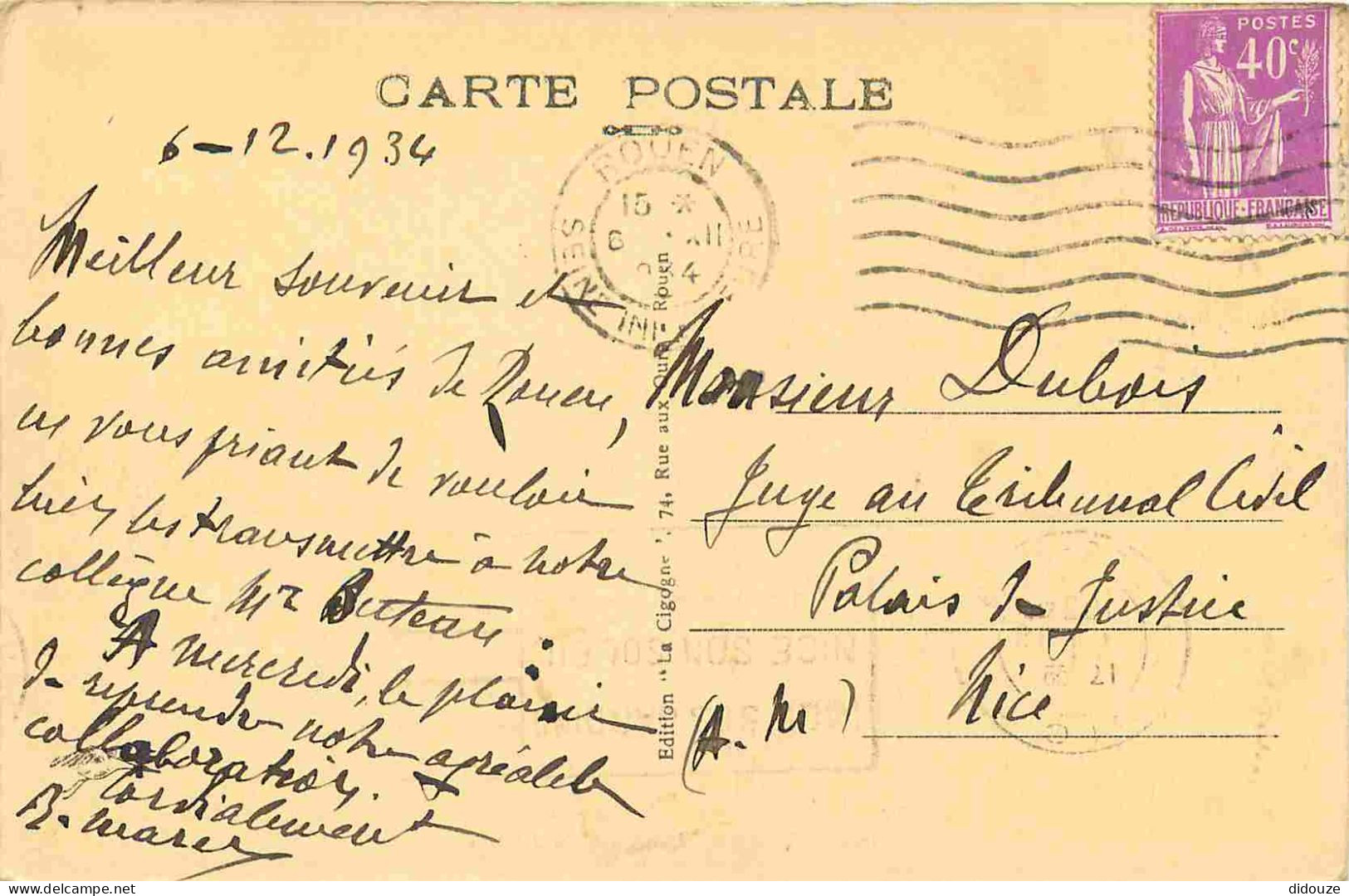 76 - Rouen - Palais De Justice - Correspondance - CPA - Oblitération Ronde De 1934 - Voir Scans Recto-Verso - Rouen