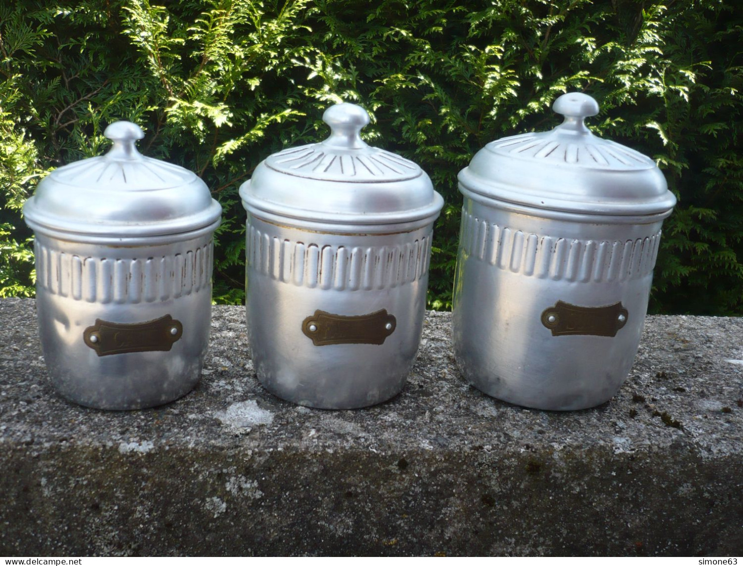 6 Pots En Aluminium -  Sucre - Farine- Café - Thé - Poivre - épices - ( Indications En Laiton ) - Populaire Kunst