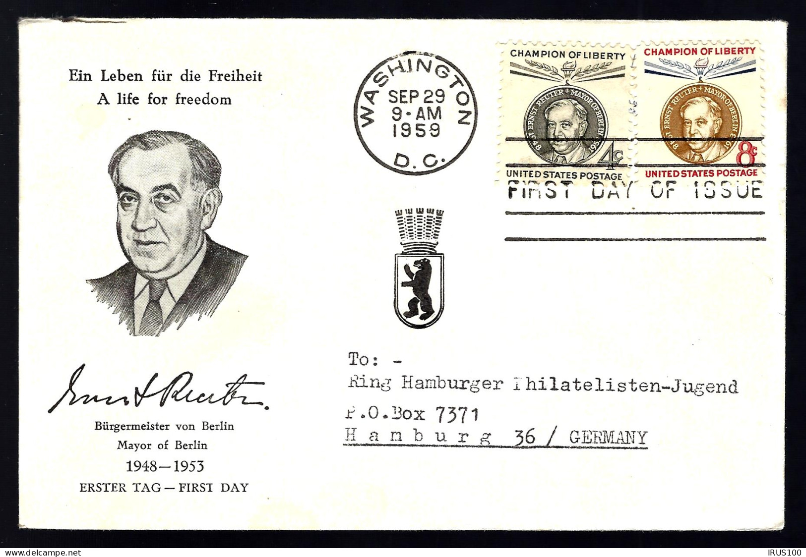 LETTRE DE WASHINGTON - 1959 - A LIFE FOR FREEDOM - POUR HAMBURG - Storia Postale