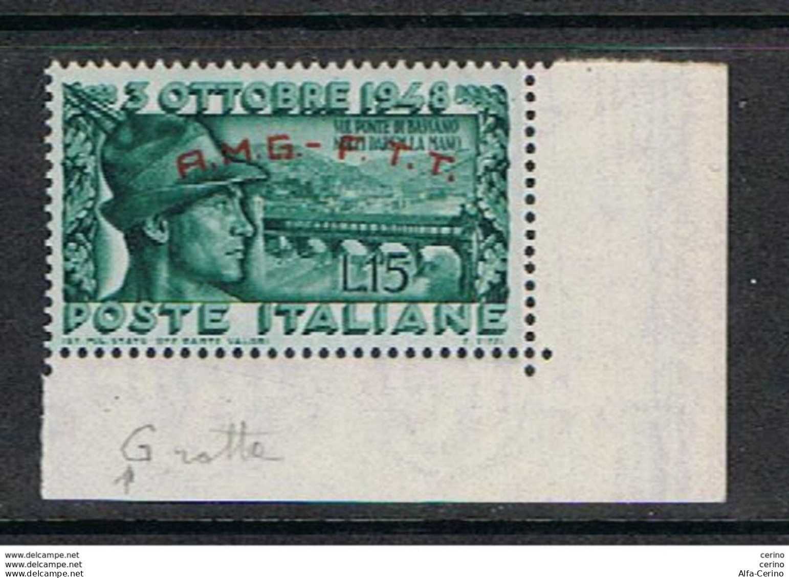 TRIESTE  A:  1948  BASSANO  -  £. 25  VERDE  N. -  VARIETA'  " G "  ROTTA  -  C.E.I. 33 C - Mint/hinged