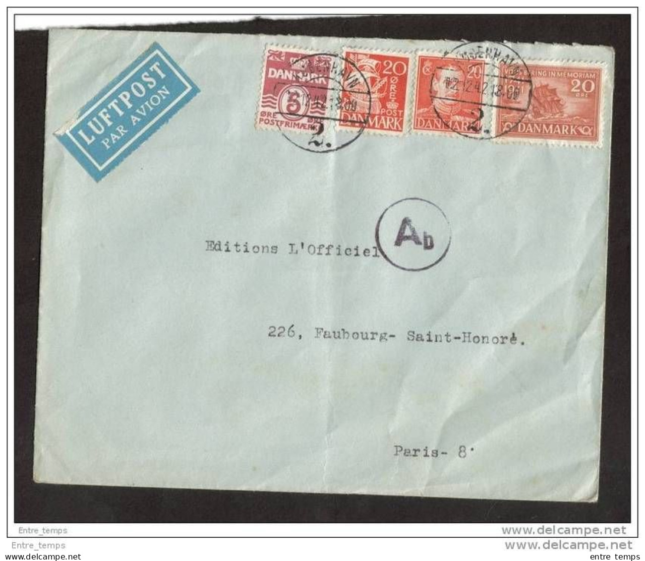 Lettre Danmark Pour Paris Luftpost 1942 Ab - Cartas & Documentos