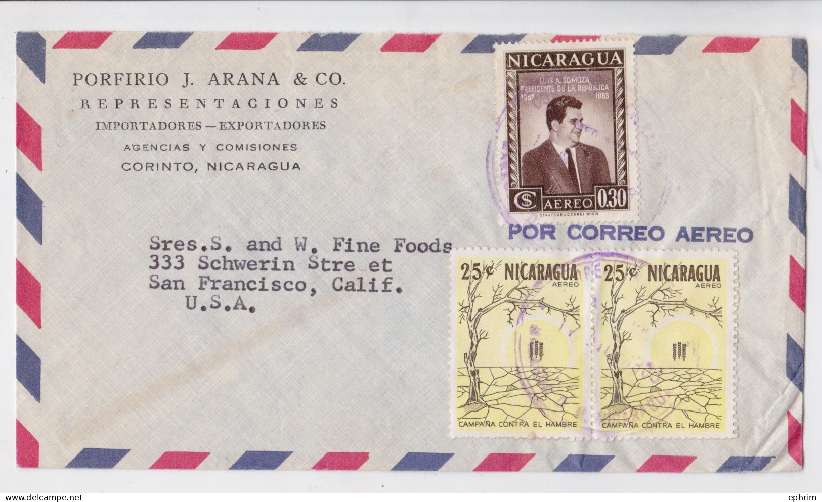 Nicaragua Corinto Lettre Timbre Stamp X3 Air Mail Cover Sello Campana Contra El Hambre Presidente Somoza Correo Aereo - Nicaragua