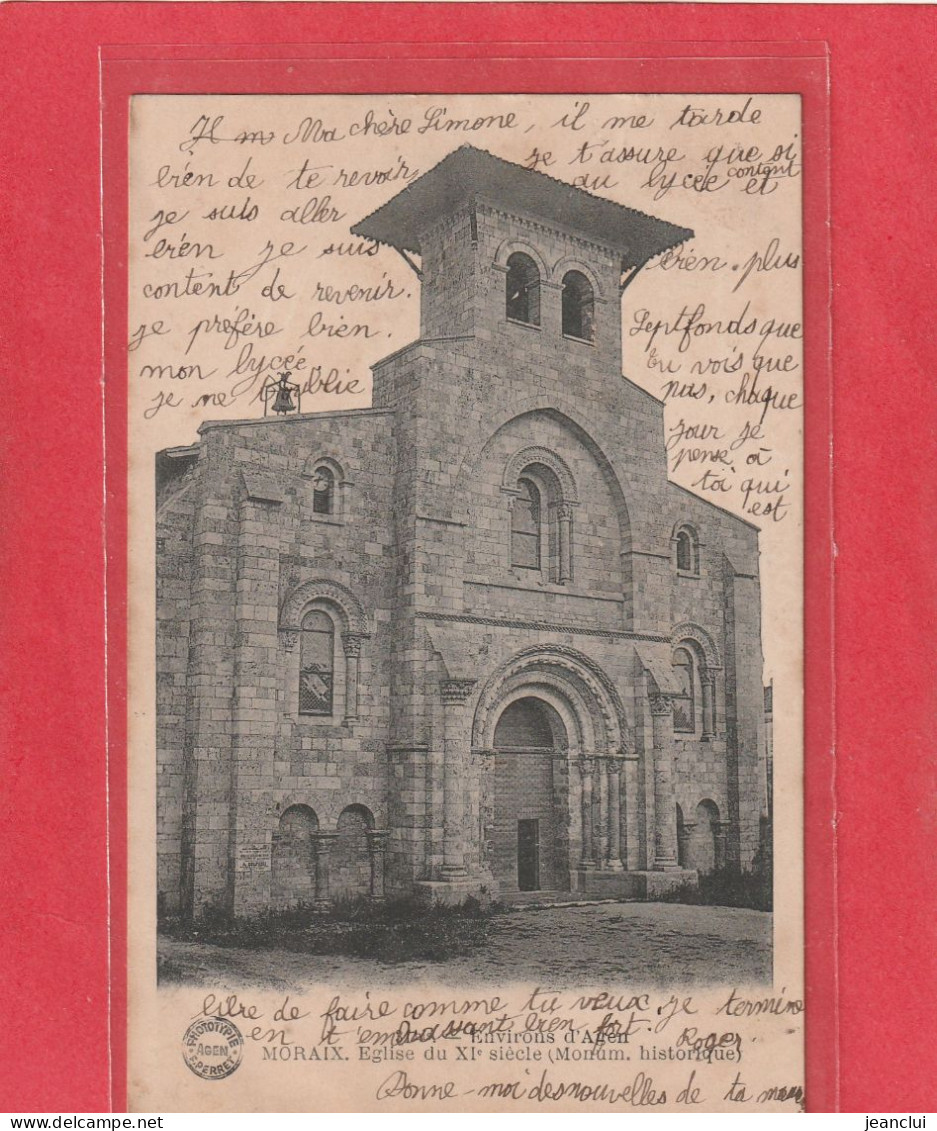 ENVIRONS D'AGEN . MORAIX . EGLISE DU XIe SIECLE .  DOS NON DIV AFFR LE 21-10-1903  .  2 SCANNES - Other & Unclassified