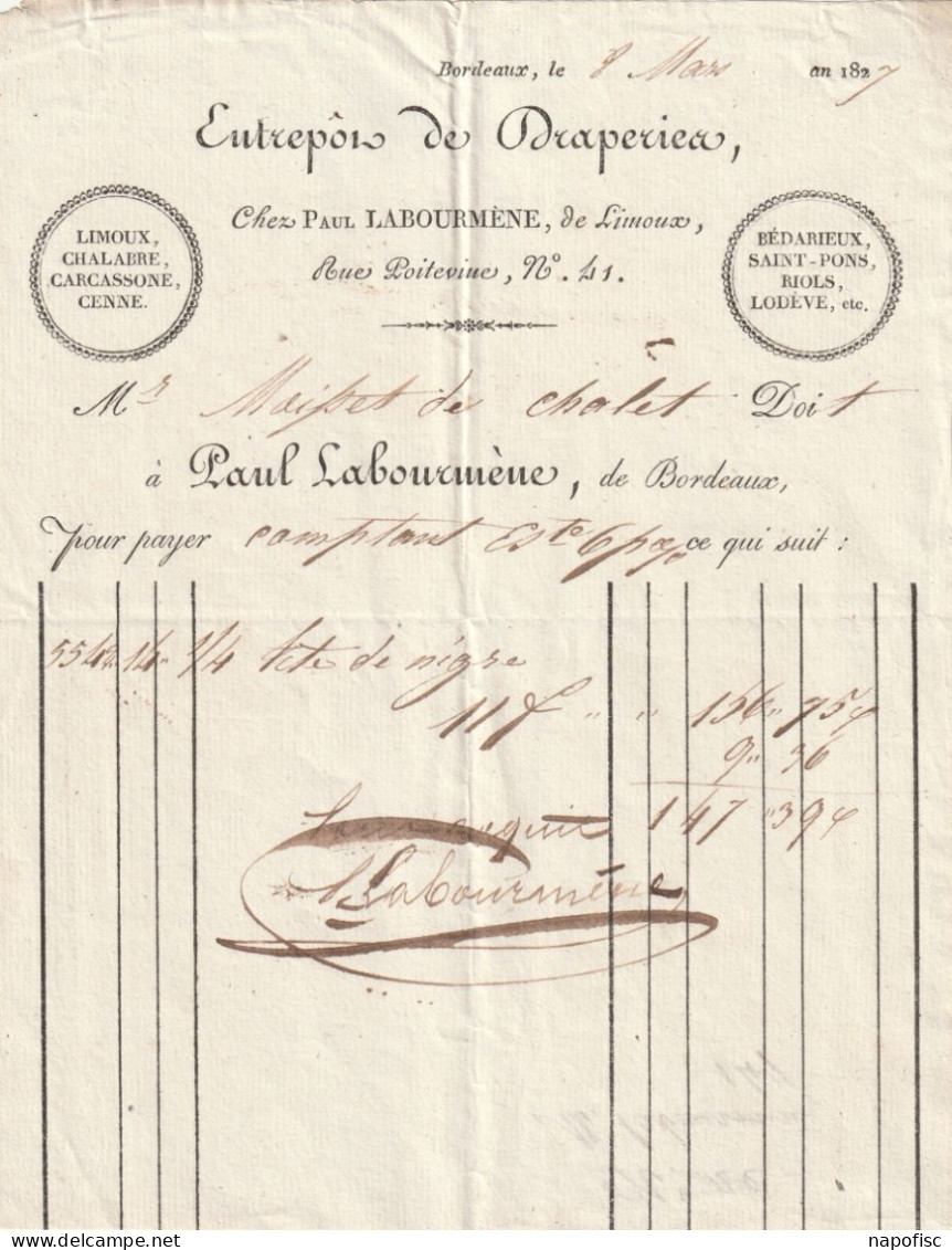 11-P.Labourmène ....Entrepôt De Draperies....Limoux..(Aude)...1827 - Textile & Clothing