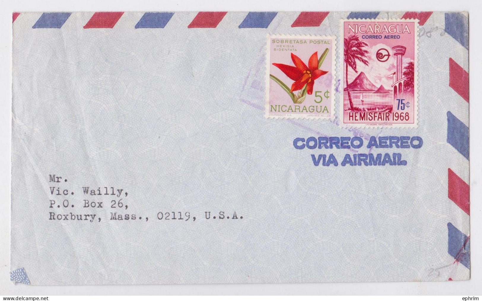 Nicaragua Lettre Timbre Orchidée Hemisfair 1968 Stamp X2 Air Mail Cover Sello Correo Aereo To Roxbury - Nicaragua