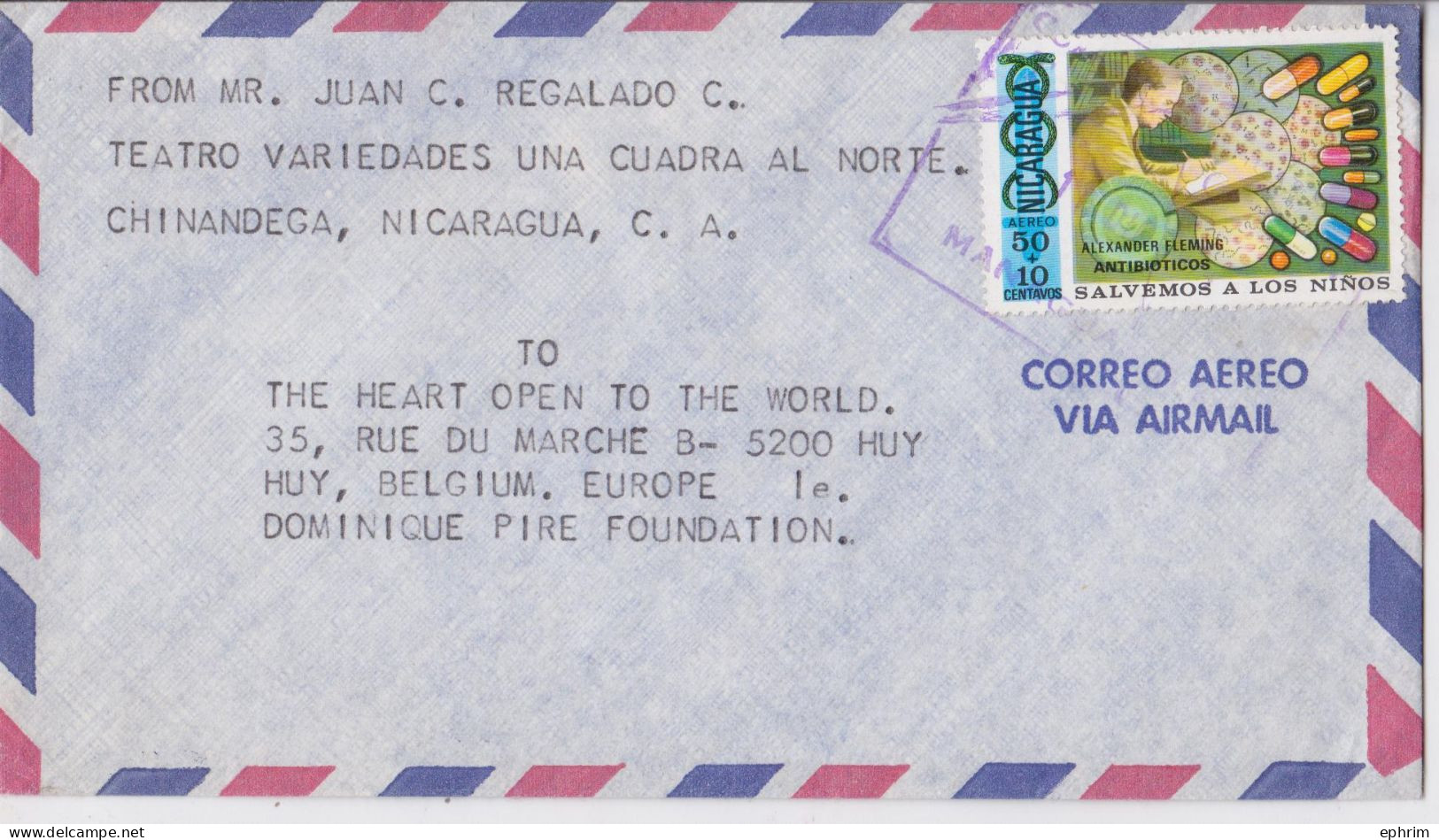Nicaragua Lettre Timbre Alexander Fleming Antibioticos Médecine Biologie Bactérie Stamp Mail Cover Sello Correo Aereo - Nicaragua