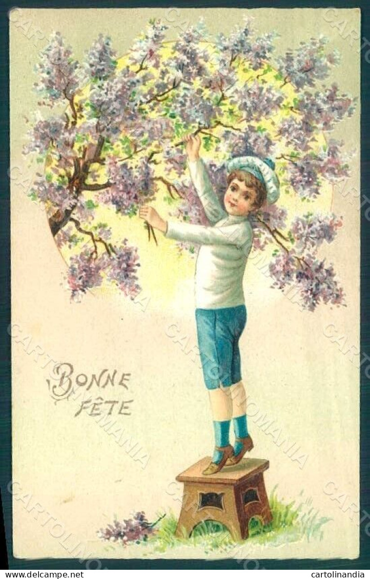 Greetings Child Boy Tree Flowers Relief Postcard HR0659 - Autres & Non Classés