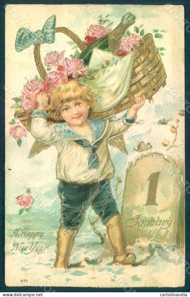 Greetings New Year Child Boy Angel Putto Roses Flowers S. 971 Relief Pc HR0648 - Autres & Non Classés