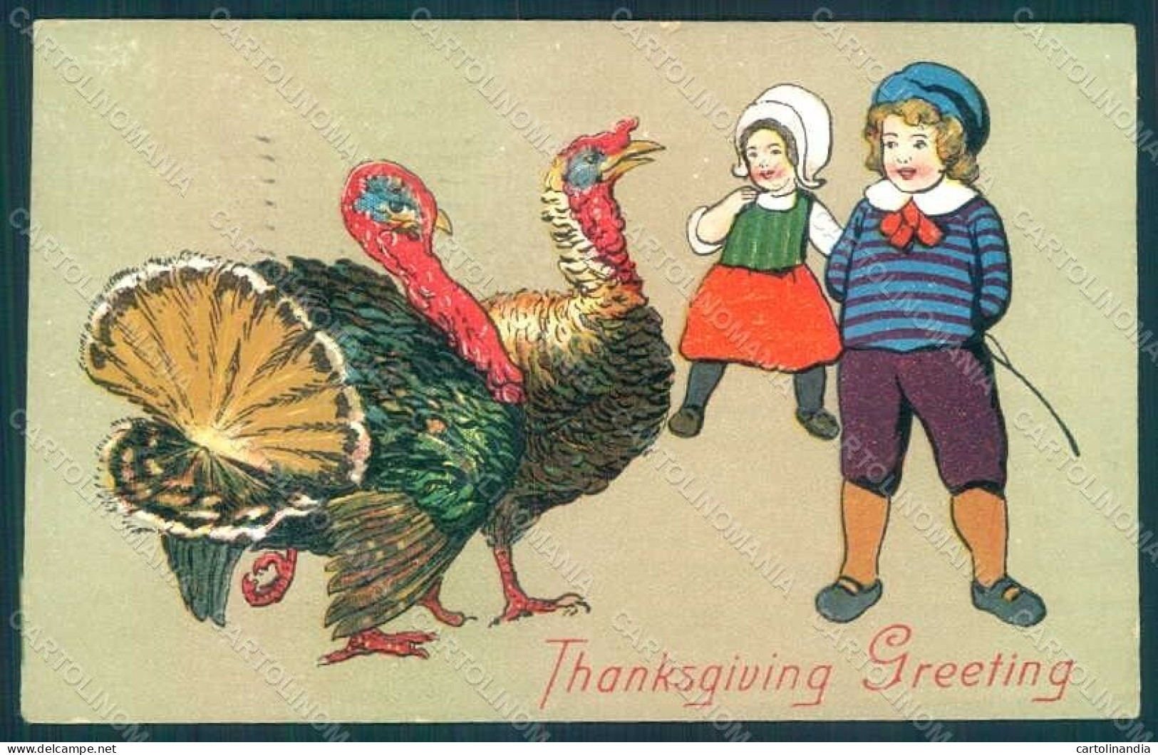 Greetings Thanksgiving Turkey Children Serie 1814 Relief Postcard HR0816 - Autres & Non Classés