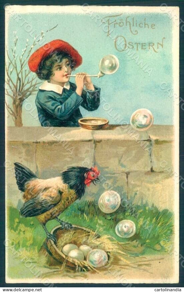 Artist Signed Child Boy Hen Bubble Blower Easter Greetings Relief Pc HR0569 - Autres & Non Classés