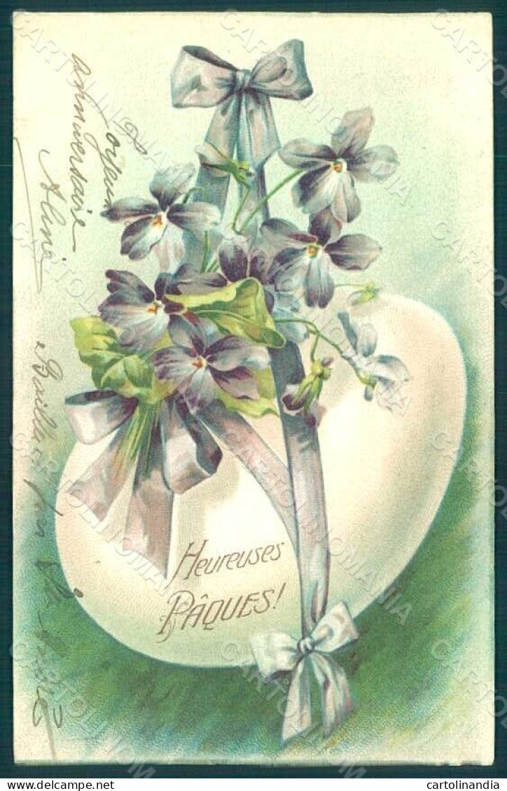 Greetings Easter Egg Flowers Violets Relief Postcard HR0183 - Fleurs