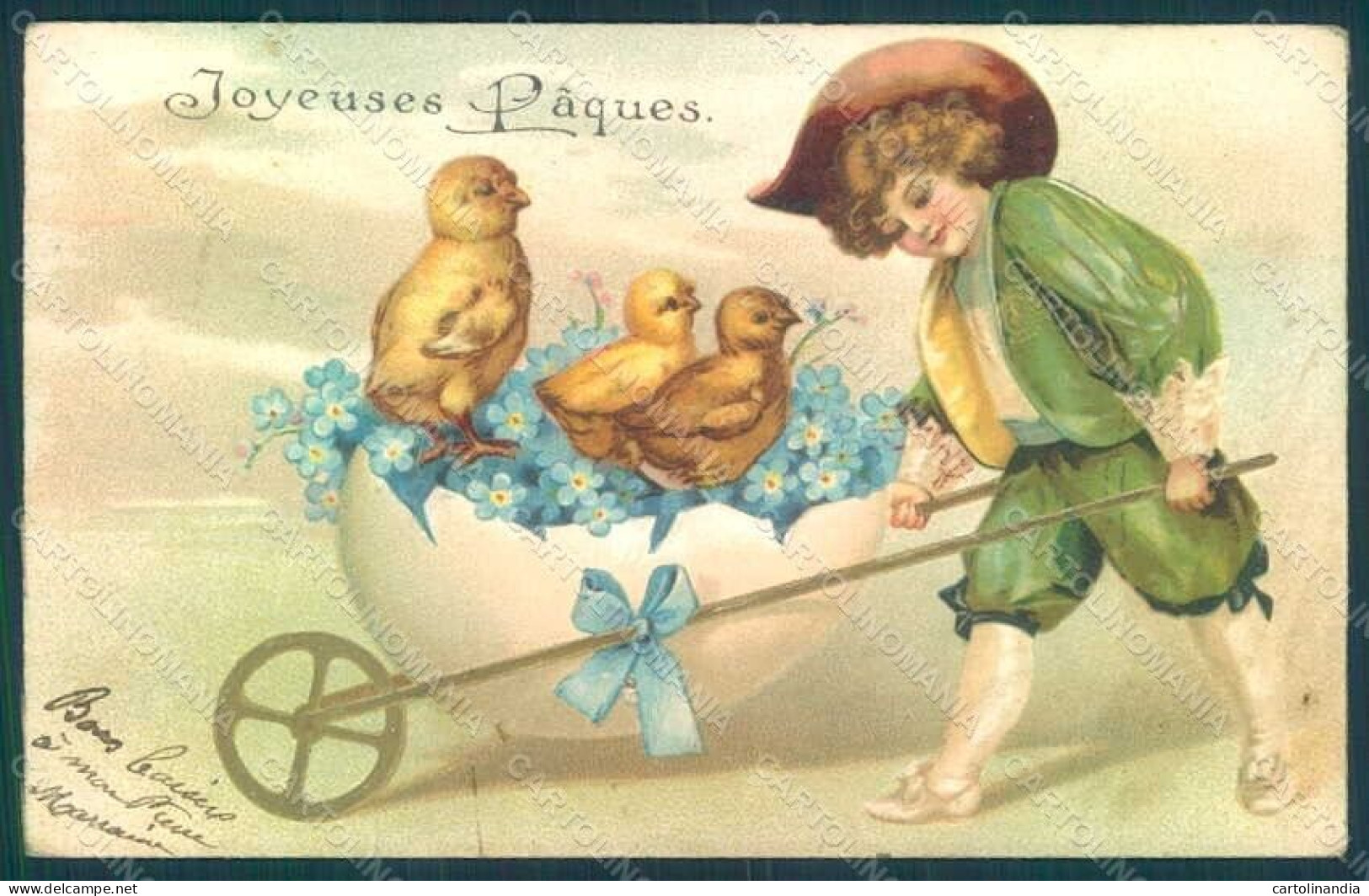 Greetings Child Boy Chick Egg Myosotis Easter Relief Postcard HR0579 - Autres & Non Classés