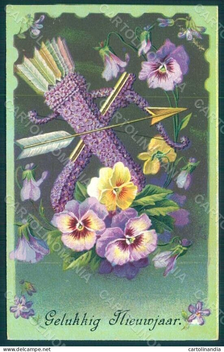 Greetings New Year Bow Arrows Flowers Violets Serie 170 Relief Postcard HR0163 - Fleurs