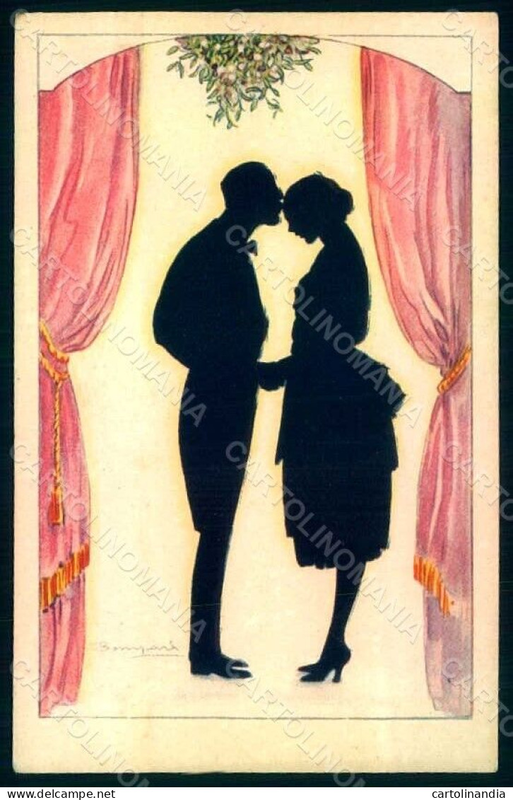 Artist Signed Bompard Lady Couple Silhouette Kiss Mistletoe S. 1707-2 Pc HR1383 - Autres & Non Classés