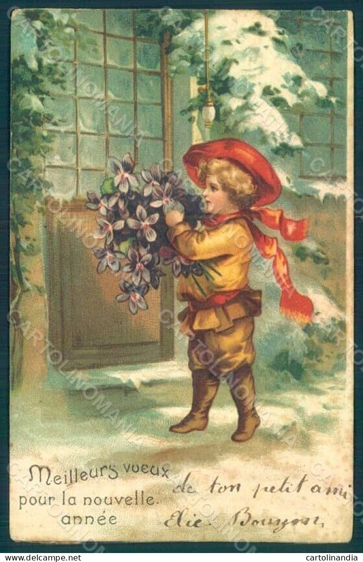 Greetings New Year Child Boy Violets Relief Postcard HR0583 - Altri & Non Classificati