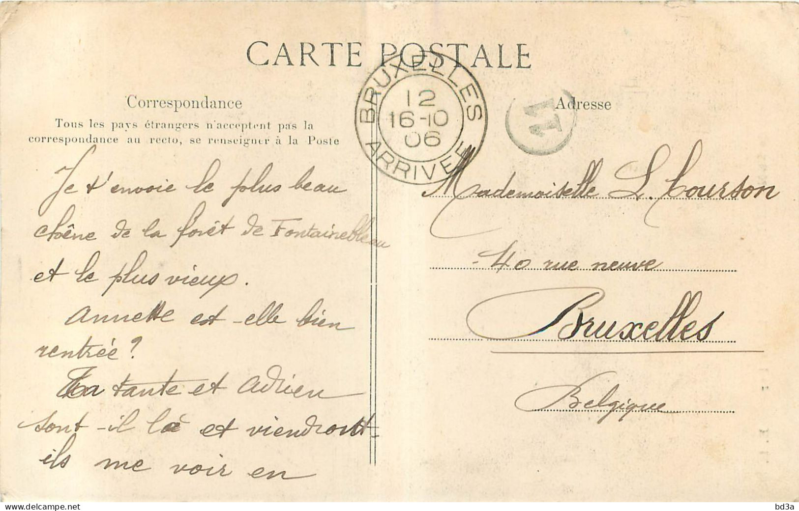 CACHET TIMBRE A DATE BRUXELLES ARRIVEE 1906 + CACHET FACTEUR 11  - Correo Rural