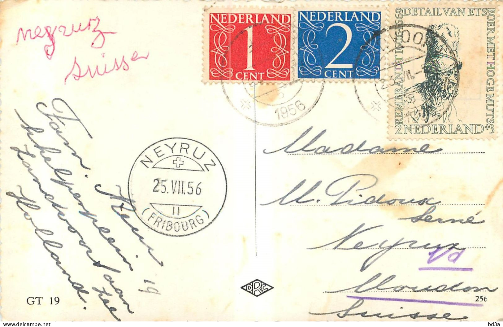 CACHET NEDERLAND +   SUISSE 1956 NEYRUZ FRIBOURG - Marcophilie