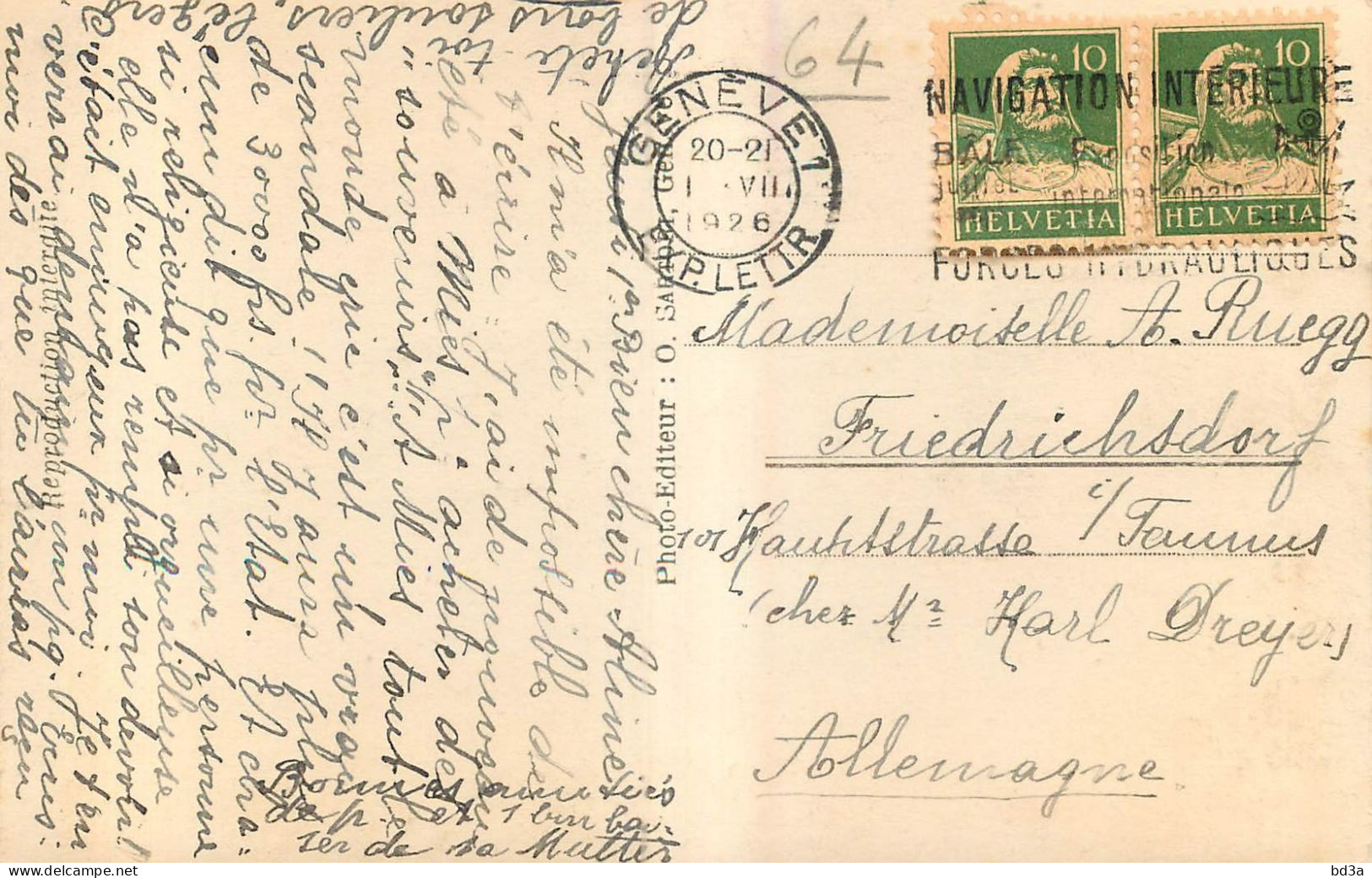 CACHET SUISSE GENEVE 1926 NAVIGATION INTERIEURE - Storia Postale